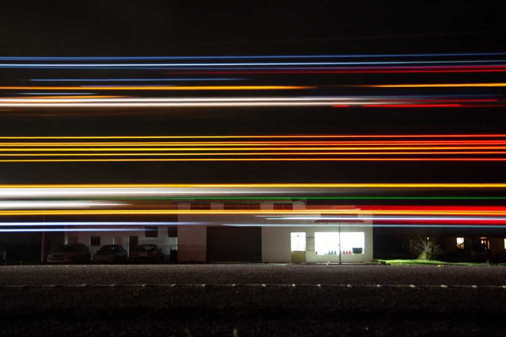 Light speed at the roadhouse. ISO 640, 24mm, f2.8, 8sec