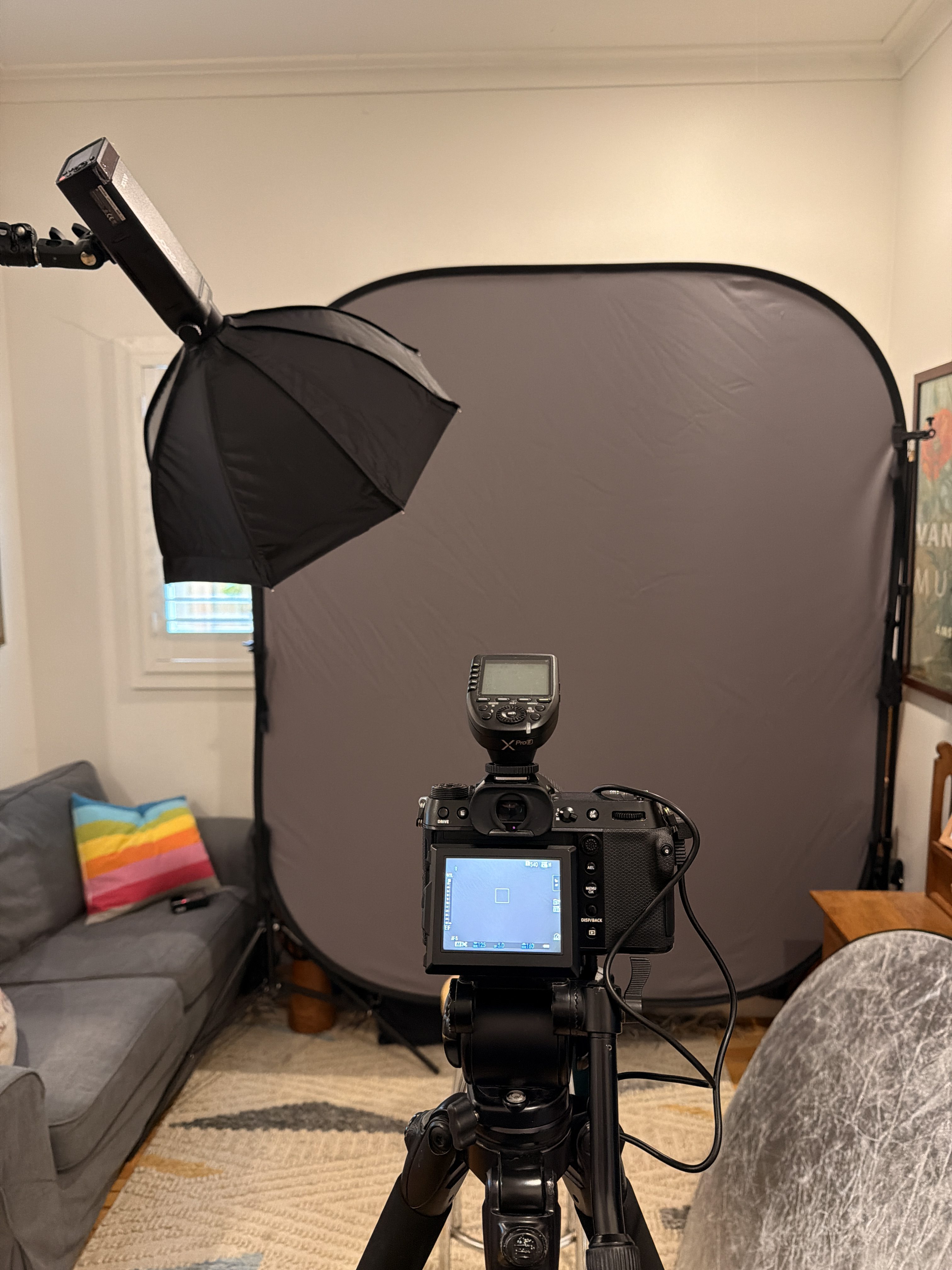 Photographic lighting set up with a grey background